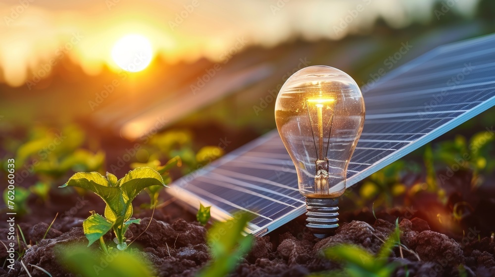 light bulb is lit up and placed on top of a solar panel. Concept of ...