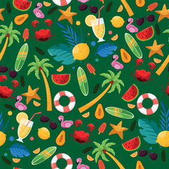 Aufkleber - Summer and beach pattern of glasses, surfing, crabs, fruits, lemonades. Seamless beach vector pattern.