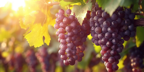 Wall Mural - Ripe grapes in vineyard at sunset or sunrise, banner