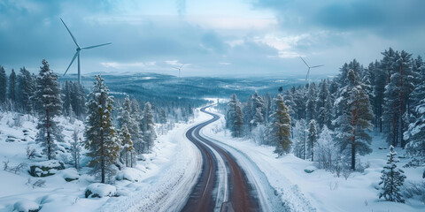 wind turbine in  snowy forest,  electricity wind turbine in snow muntain