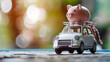 A toy car with an oversized piggy bank tied to the roof, symbolizing financial preparedness.