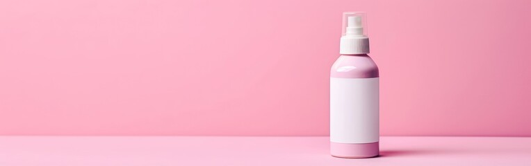 A front view of a pink cosmetic bottle with a white top standing on a pink surface