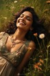 © shelbys - A woman enjoying her time outdoors, lying on the grass and smiling.. Fictional character created by Generated AI.
