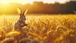 Amidst a field of golden wheat, a playful hare leaps joyfully, its long ears catching the breeze as it revels in the freedom of the open countryside.