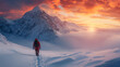 A mountaineer traverses snowy mountain terrain at sunrise, leaving footprints, equipped with gear