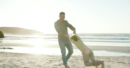 Poster - Beach, father and spin with daughter, vacation and sunshine with holiday and bonding together with fun. Family, single parent or dad with kid or seaside with girl and childhood with happiness or play