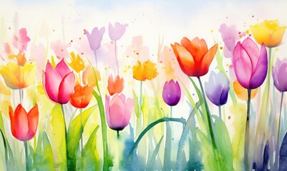 Wall Mural - Watercolor art of colorful tulips
