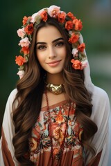 Beautiful woman with dark hair wearing a traditional Indian dress and a flower crown. Fictional character created by Generated AI. 