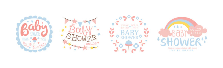 Wall Mural - Baby Shower Invitation Template In Pastel Colors Vector Set