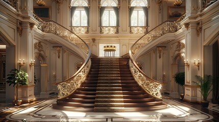 Wall Mural - Classic design of a private home with a grand staircase in the center and gilded forged rails. 3d rendering of the interior background