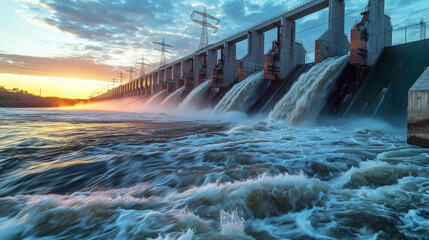 Hydroelectric dam with rushing water and electric turbines turning with the force of the flowing river water , generating clean energy for ecology and zero carbon targets