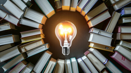 Ideas and knowledge concept image background with a glowing light bulb in middle of books in circle