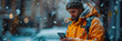 Man traveler with backpack hiking travel lifestyle adventure active vacations outdoor, : Man charging electric cars during a cold snowy day