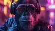 futuristic gorilla wearing sun glasses in headphones on cyberpunk background