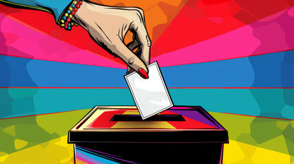 a colorful pop art woman's hand drops an election ballot into a voting box with rainbow background. Copy space on blank ballot.