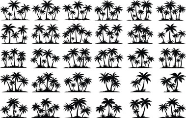 Set of tropical palm trees with leaves, mature and young plants, black silhouettes isolated on white background