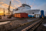 Fototapeta  - Ro-Ro/Passenger Ship in the dock of the repair yard