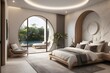 © SM - Ultra realistic  photo of Modern take on upscale bali inspired small condo white cream stone, light wood round arches interor view of dark bedroom