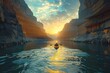 Kayaker navigating through a canyon at sunrise, emphasizing the harmony and beauty of outdoor activities in natural settings