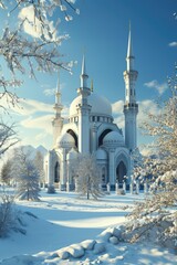 Ramadan Mubarak Concept with Beautiful Mosque nestled in a snowy landscape.