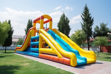 Wall Mural - Colorful inflatable bounce house water slide for childrens playground fun in the backyard