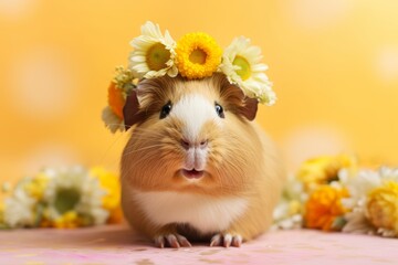 Wall Mural - A guinea pig adorned with a pastel green flower crown, sitting on a pastel yellow background with whimsical cosmic patterns.