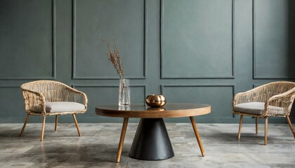 Two grey lounge chairs and round coffee table against grey paneling wall. Minimalist home interior design of modern living room