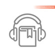 Audio book line vector icon. Book with headset or headphones outline.