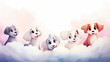 Cute puppies sitting on clouds, watercolor background of a children's postcard