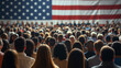 A scene of people standing in front of a background of American flags. The scene is charged with tension and meaning as it symbolizes the presidential election.