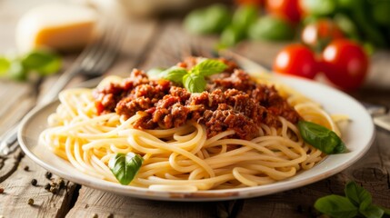 Wall Mural - Spaghetti Bolognese served on a wooden table, adorned with savory meat sauce and cheese, elegantly presented on a pristine white plate. Traditional Italian food