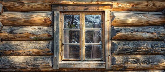 Canvas Print - Vintage wooden window on a wall of a log house. Different perspective