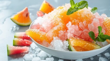 Wall Mural - Fresh shaved ice with orange and watermelon flavors ,Generative ai, 