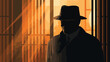 Noir detective or gangster in Trilby hat and raincoat