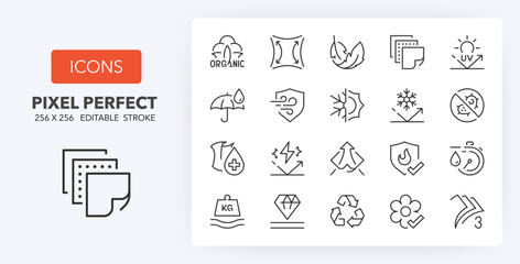 fabric features, thin line icon set. outline symbol collection. editable vector stroke. 256x256 pixe