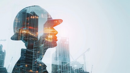 Canvas Print - Future building construction engineering project concept with double exposure graphic design. Building engineer, architect people or construction worker working with modern civil equipment