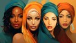 A digital art illustration of four women from different ethnicities, each wearing headscarves in vibrant colors like turquoise and orange, standing side by side with soft lighting 