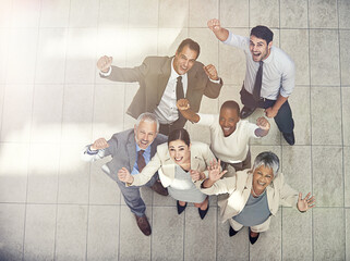 Poster - Portrait, business people and happiness for victory, teamwork or collaboration together in office. Top view, winner and group of diverse employee workers for success, good job or celebration