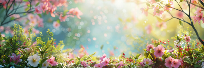  Blooming Spring Garden Panorama with Sunlight Flares and Floral Abundance