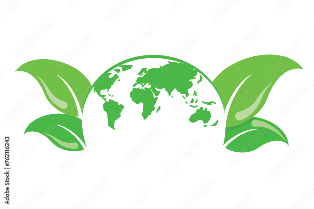 Vector flat style world globe earth with green leaves icon background ...