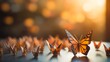 A field of origami butterflies, each with delicate wings made from folded paper in various shades of brown and orange, bathed in the warm glow of sunset, symbolizing hope amidst darkness