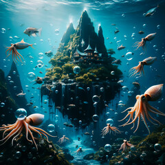 Underwater world in the deep ocean with turtle and othe sea animals.