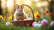 Adorable easter bunny with a basket of decorated colorful eggs. Cute little easter bunny outdoors with brightly painted eggs. Christian easter celebration concept. Tiny bunny in green grass outside.