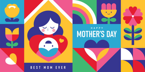 Wall Mural - Set of Happy Mother's Day flat vector illustration in geometry style. Mom with child, flowers and abstract geometric shapes.