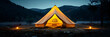 Glamping. Illuminated bell tent at night,
Nature light travel canvas camping glamping luxury forest tent vacation