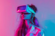 Young woman wearing a virtual reality glasses, bright gradient studio background. AI generative