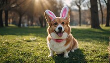Happy Purebred Welsh Corgi Dog Dressed Up With Bunny Ears Costume For Easter Celebration For A Walk In The Park At Sunny Lawn.