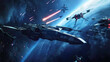 Epic space battle with starfighters and laser beams illustrating a sci-fi adventure.
