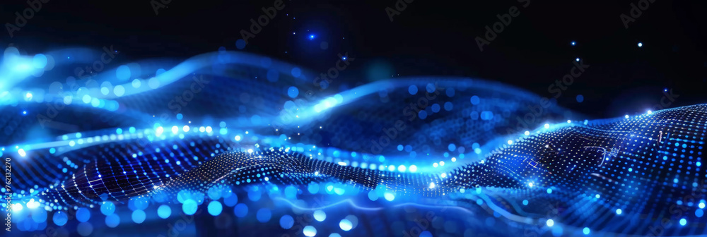 Abstract blue wave with glowing dots on a dark background, a digital ...