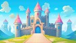 cartoon majestic castle with towering spires, surrounded by a serene landscape under a clear sky